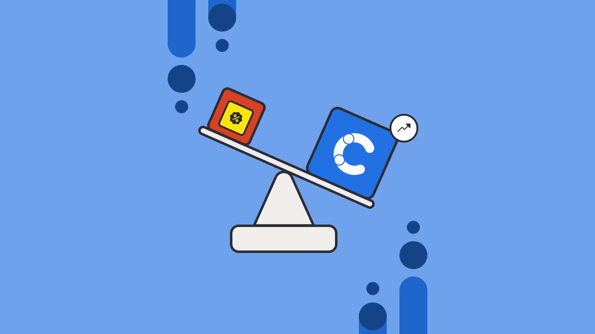 Seesaw balancing an orange discount icon and a blue customer icon with upward arrow on blue background with decorative dots.