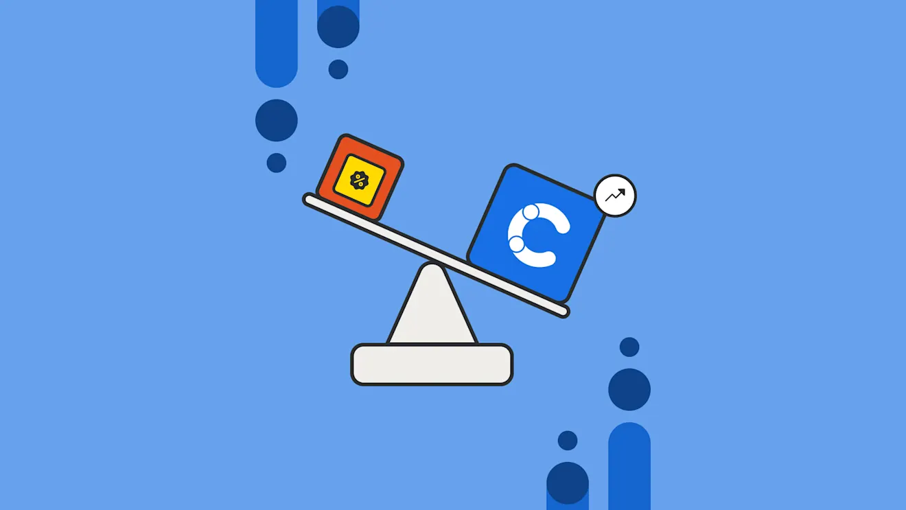 Seesaw balancing an orange discount icon and a blue customer icon with upward arrow on blue background with decorative dots.