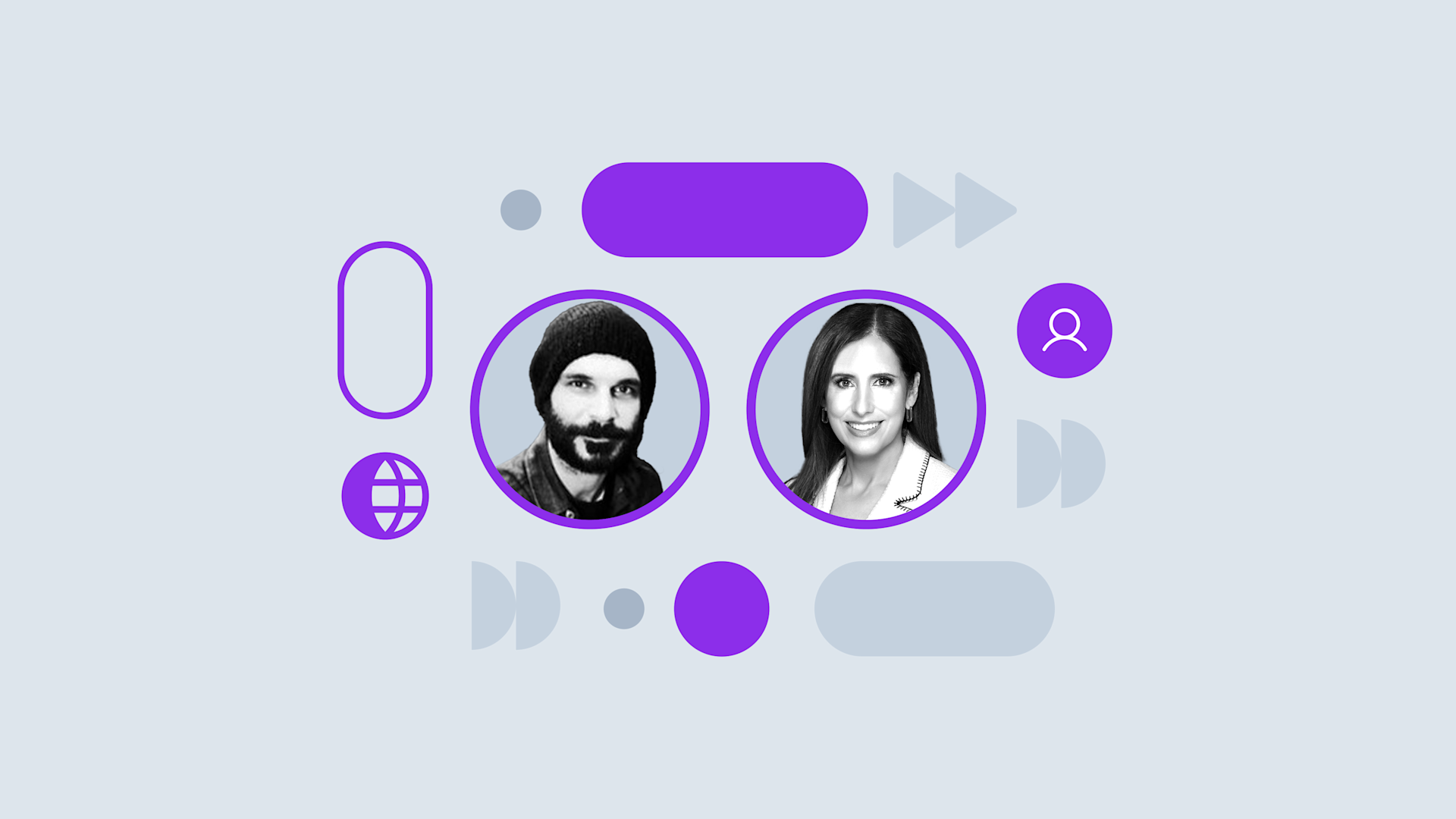 Two profile photos in purple circles with abstract UI elements and icons in purple and gray on a light background