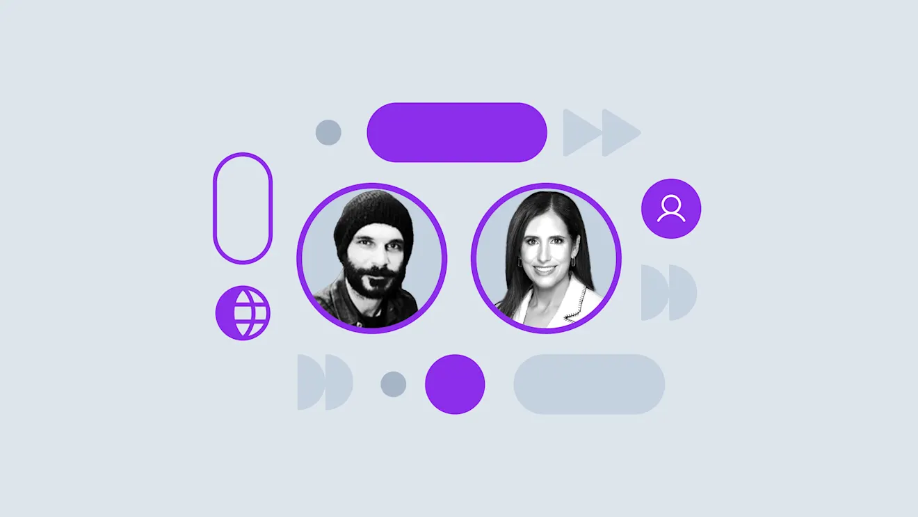 Two profile photos in purple circles with abstract UI elements and icons in purple and gray on a light background