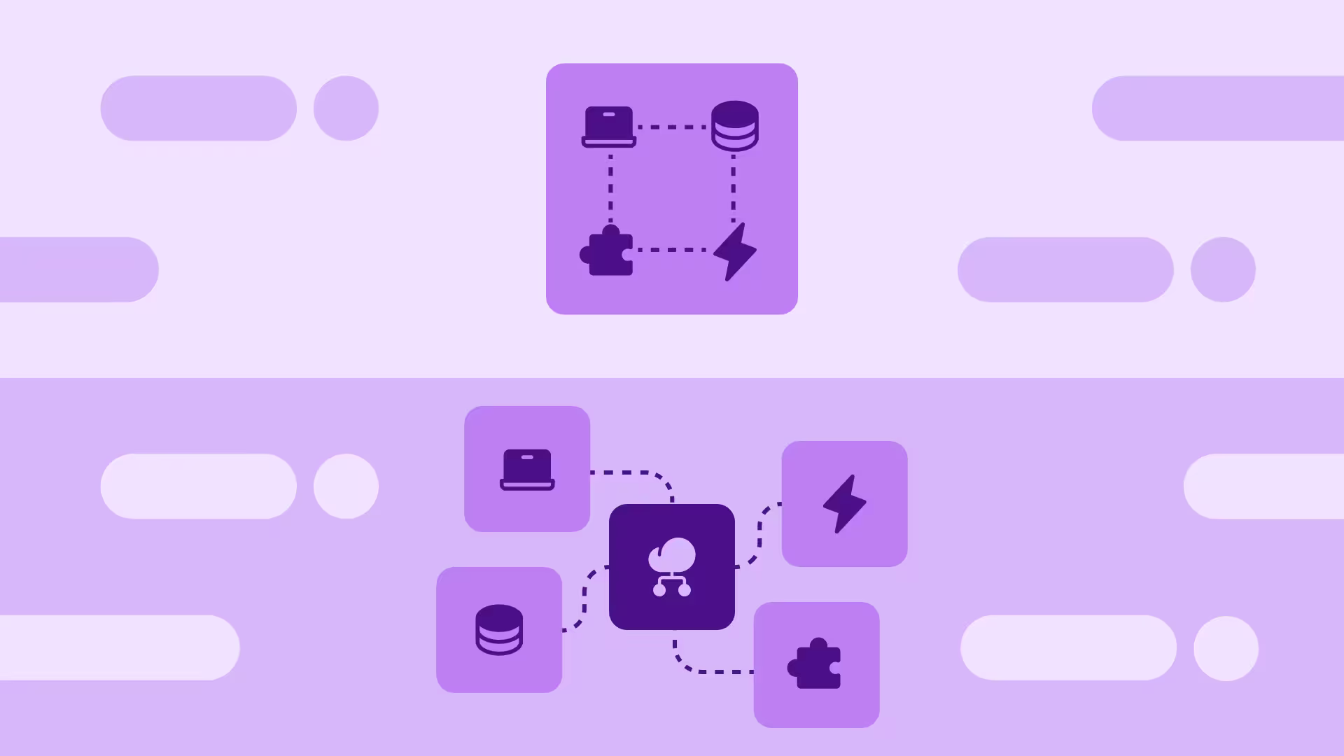 Purple diagram comparing simple decentralized icons (laptop, database, puzzle, lightning) with a centralized cloud hub network.