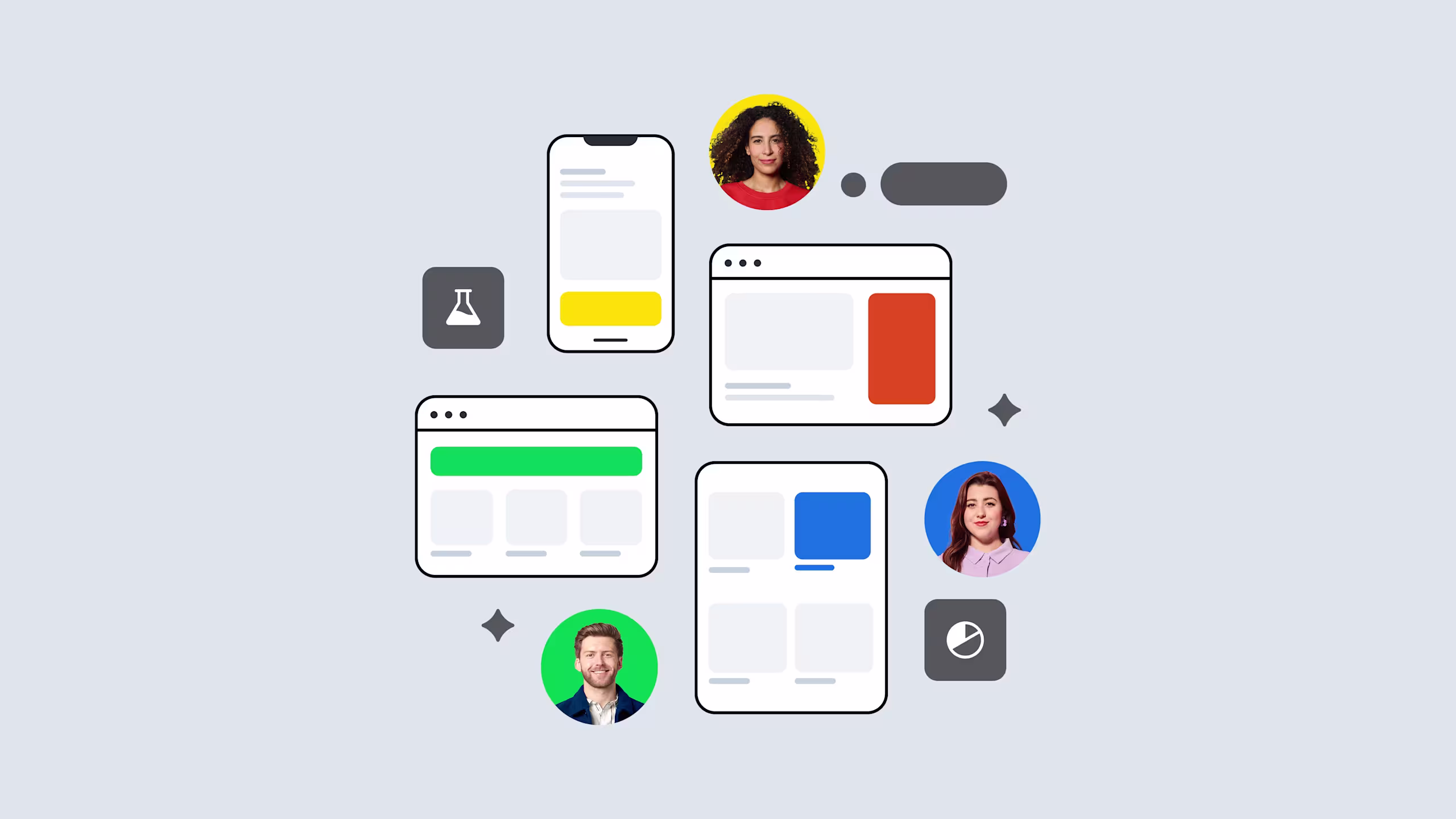 Illustration showing a mobile app interface with profile avatars, chat bubbles, and various UI elements in yellow, blue, green, and orange colors