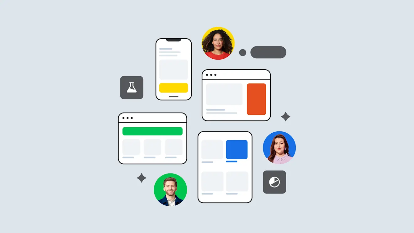 Illustration showing a mobile app interface with profile avatars, chat bubbles, and various UI elements in yellow, blue, green, and orange colors
