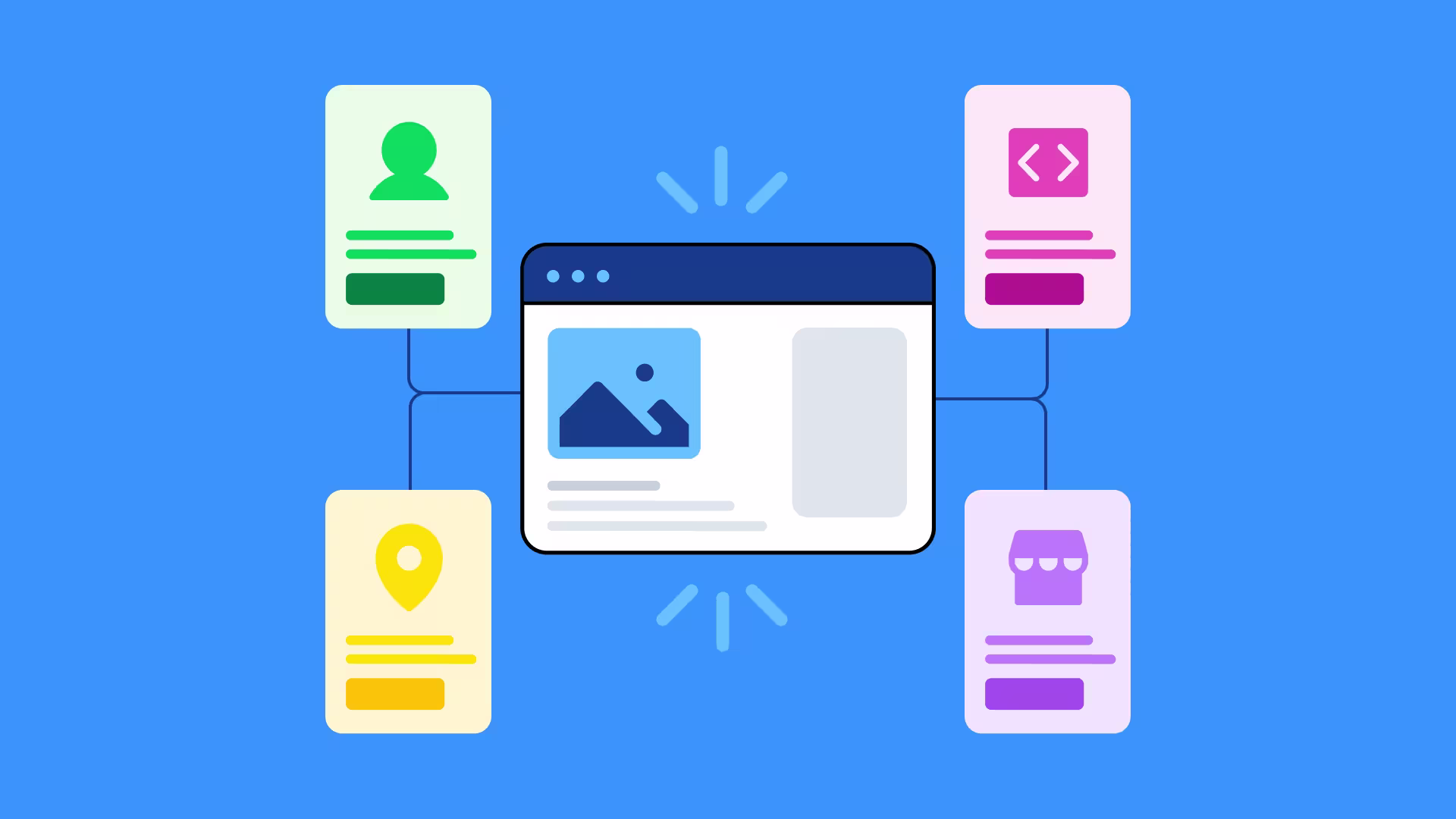 Diagram showing a webpage window connected to four icon cards: user, code, location, and store, on blue background.