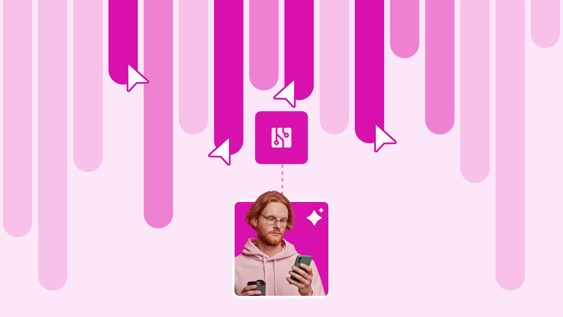 A man holds a phone and coffee on a pink background with cursor icons and a circuit board app symbol.