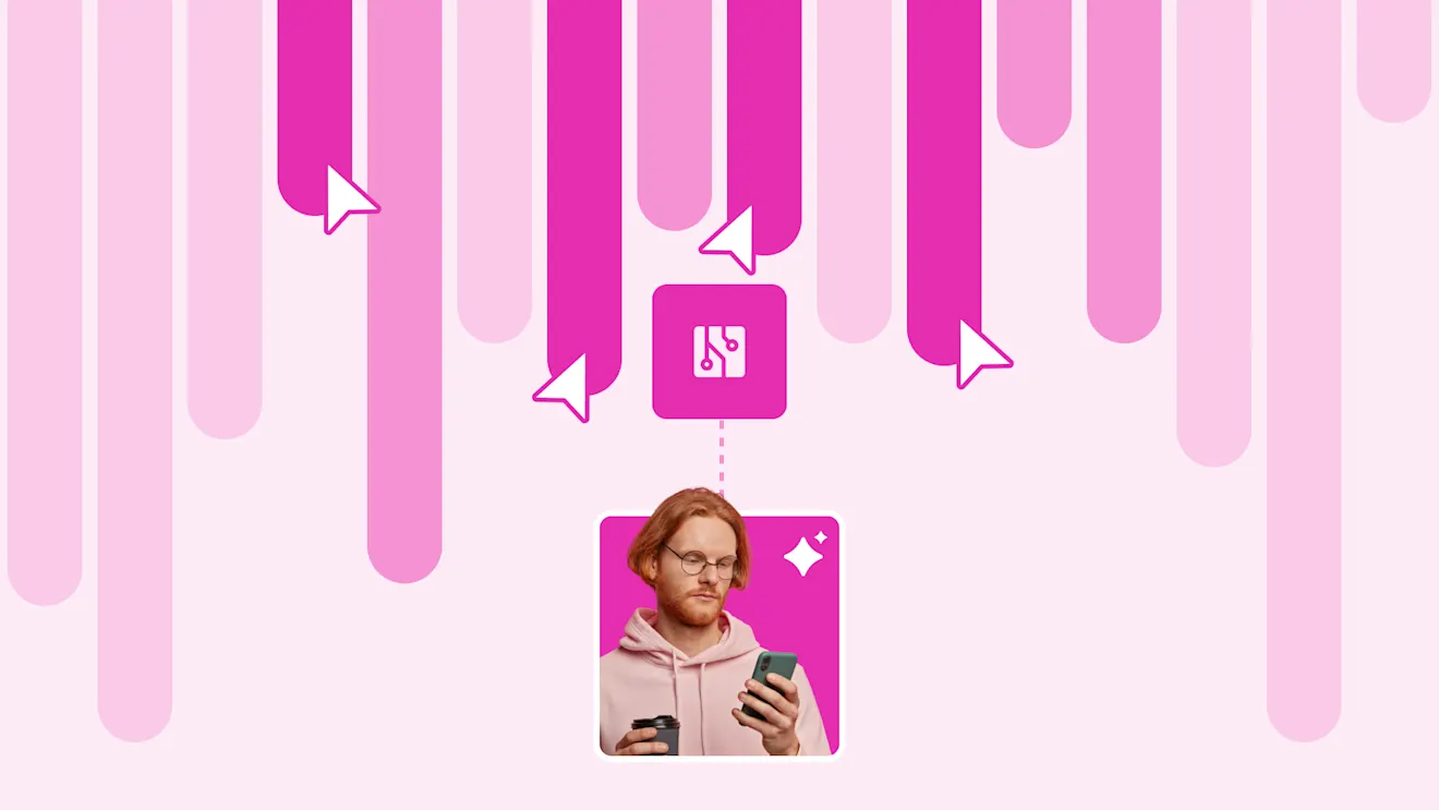 A man holds a phone and coffee on a pink background with cursor icons and a circuit board app symbol.