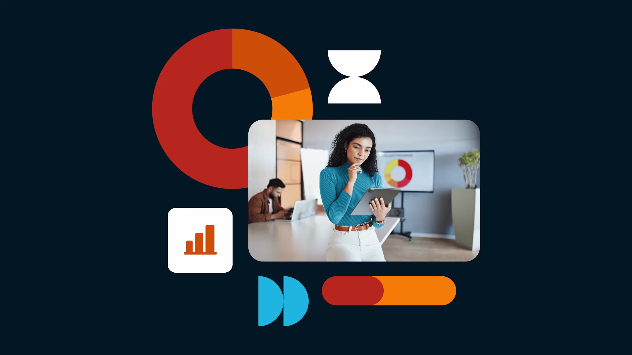 Woman in blue sweater reviewing tablet in modern office with colorful data visualization graphics and charts on dark background.