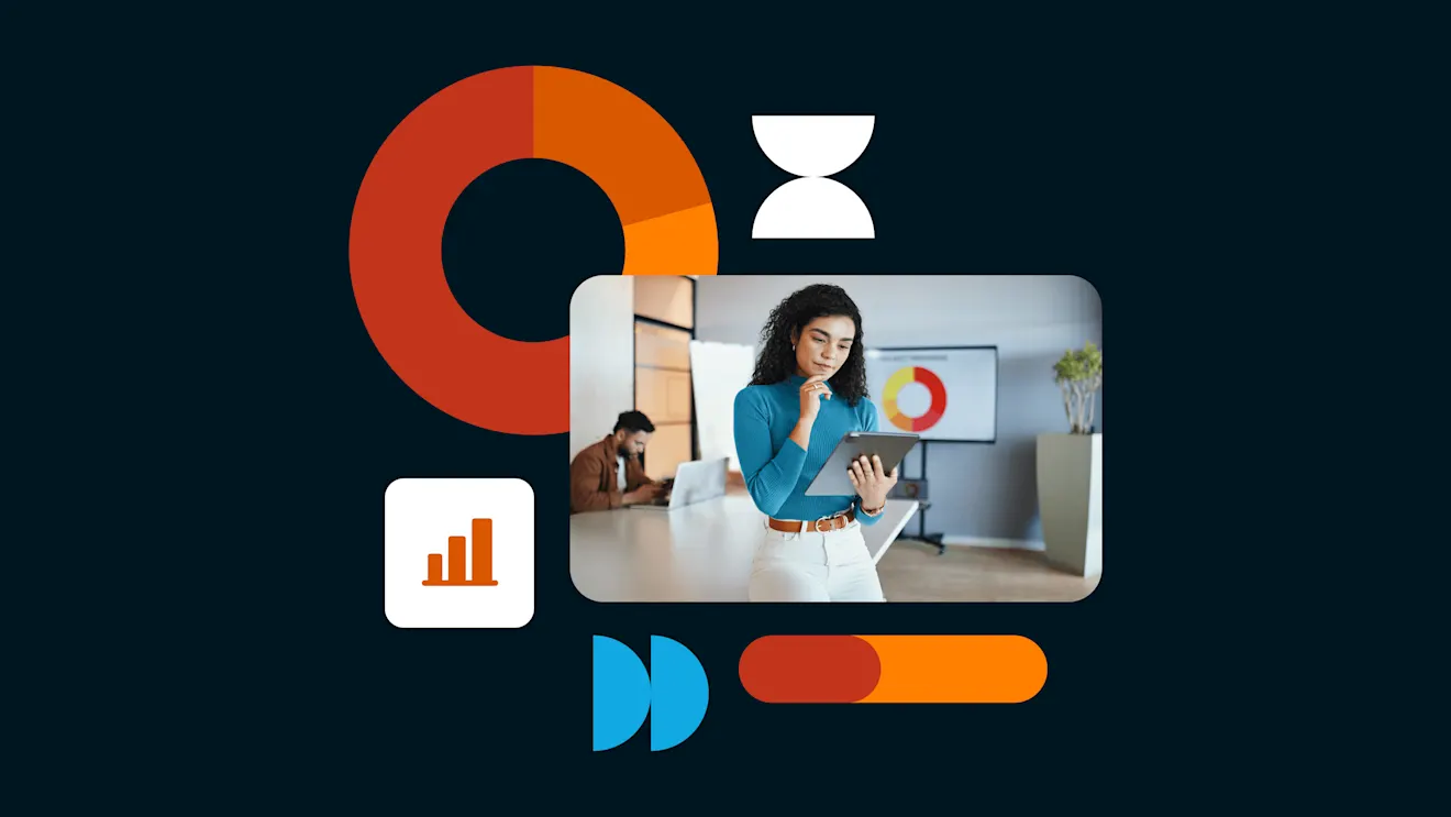 Woman in blue sweater reviewing tablet in modern office with colorful data visualization graphics and charts on dark background.