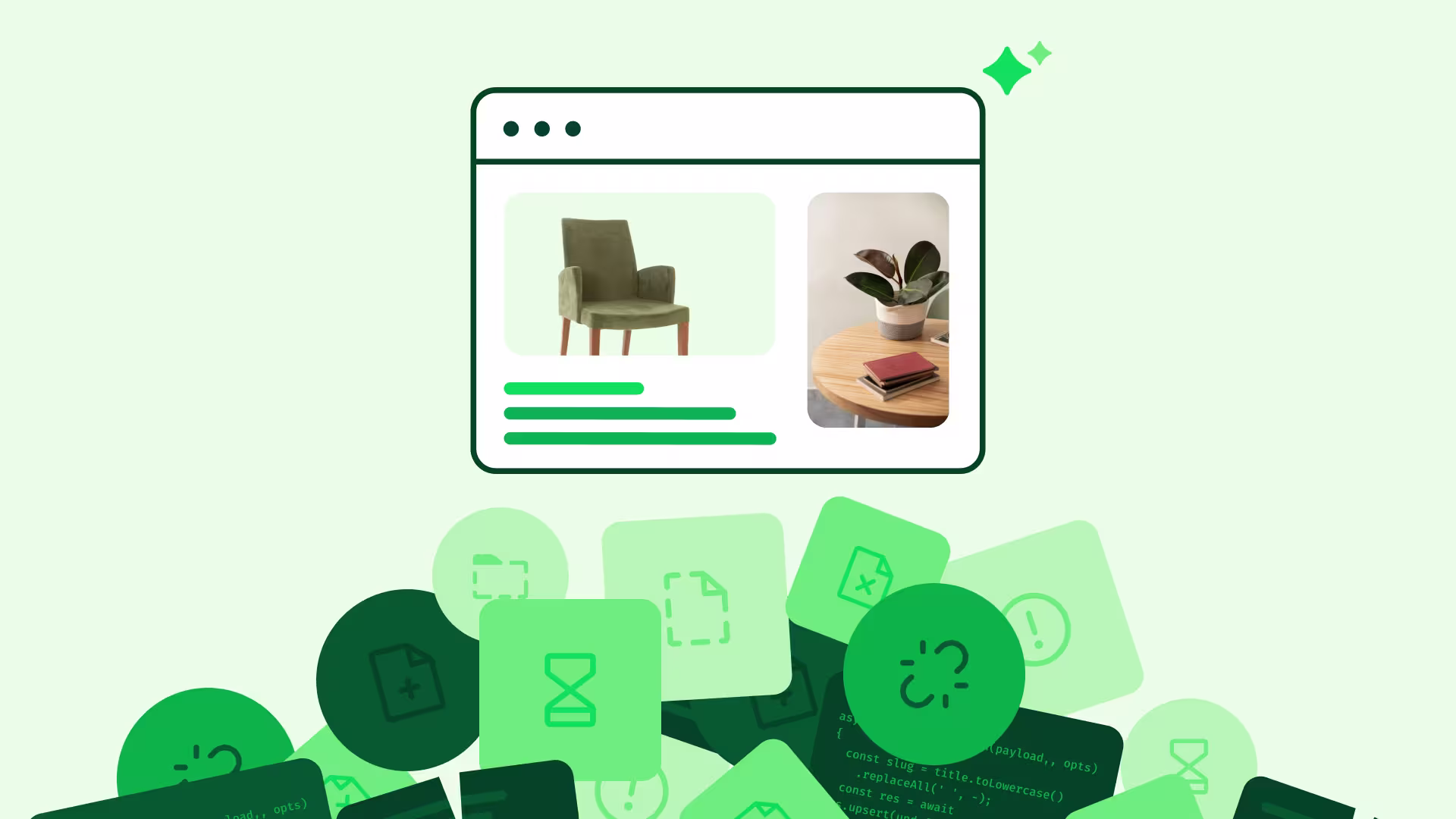 A browser window showing furniture product listings above a pile of green icons and code snippets on a light green background.