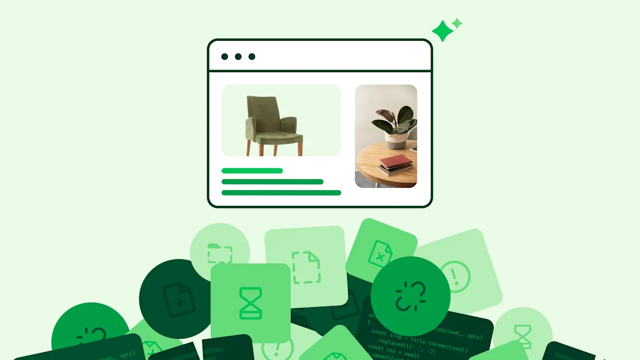 A browser window showing furniture product listings above a pile of green icons and code snippets on a light green background.