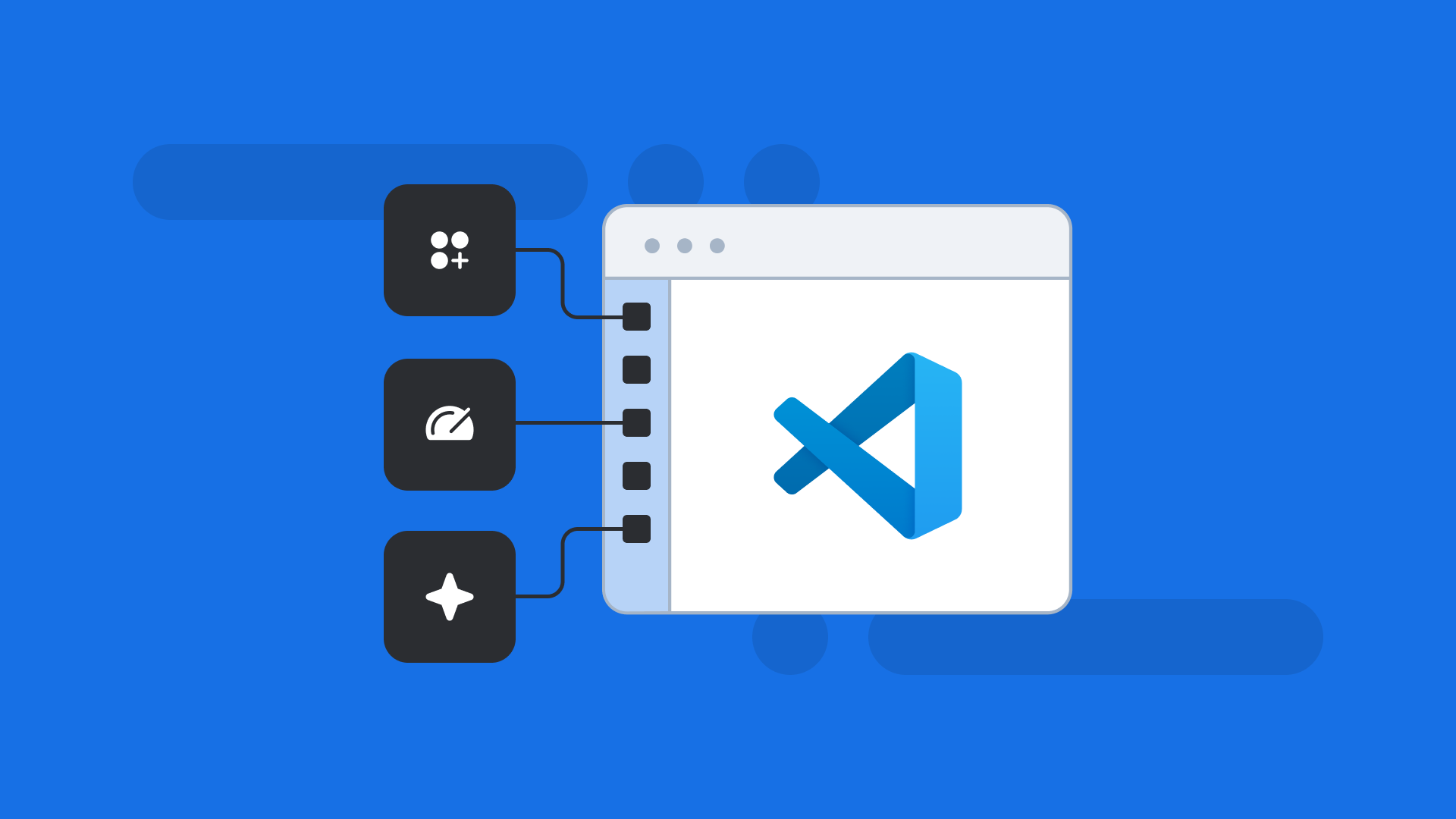 Visual Studio Code logo with three connected black modules on a blue background, showing software integration concept