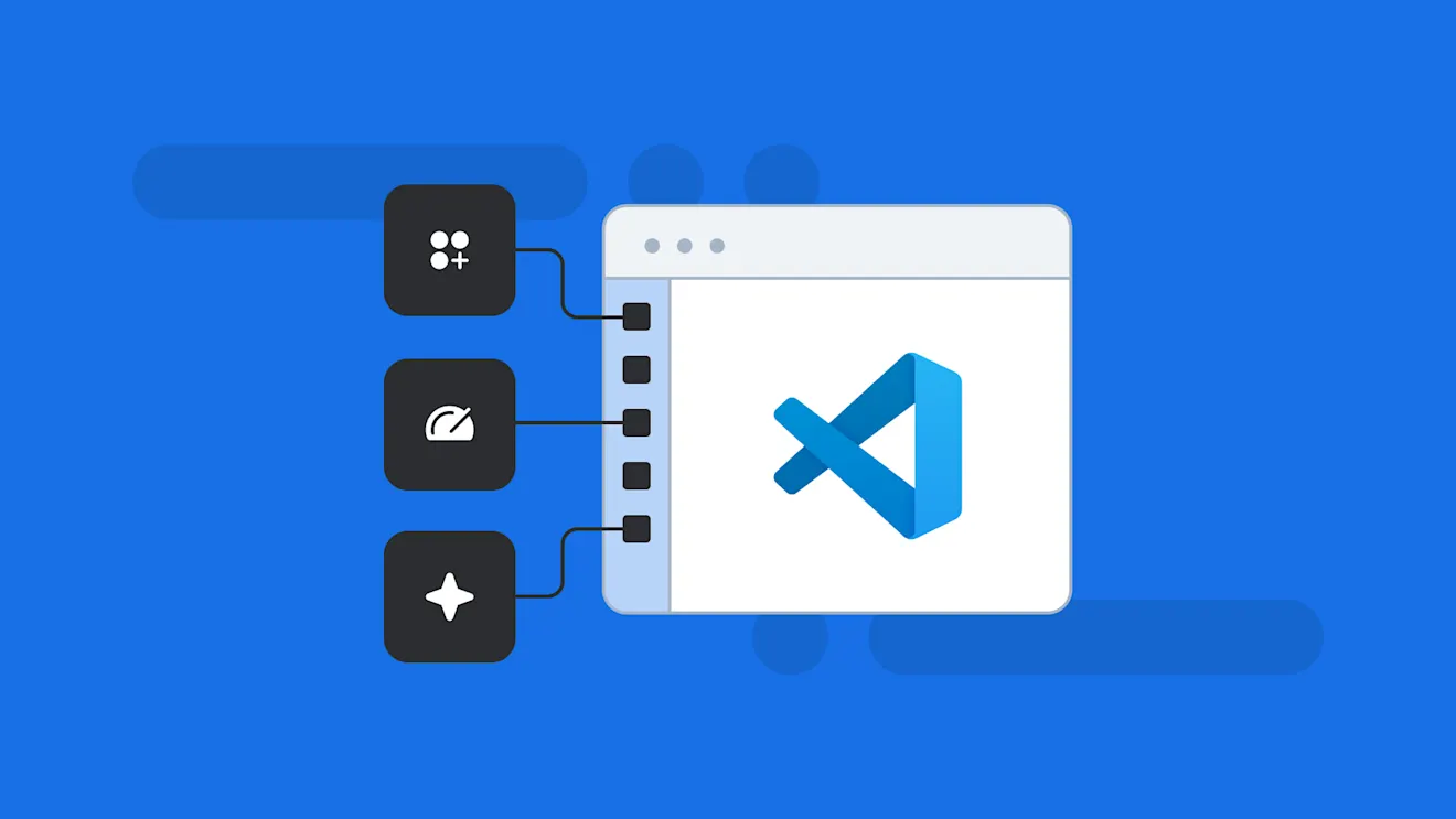 Visual Studio Code logo with three connected black modules on a blue background, showing software integration concept