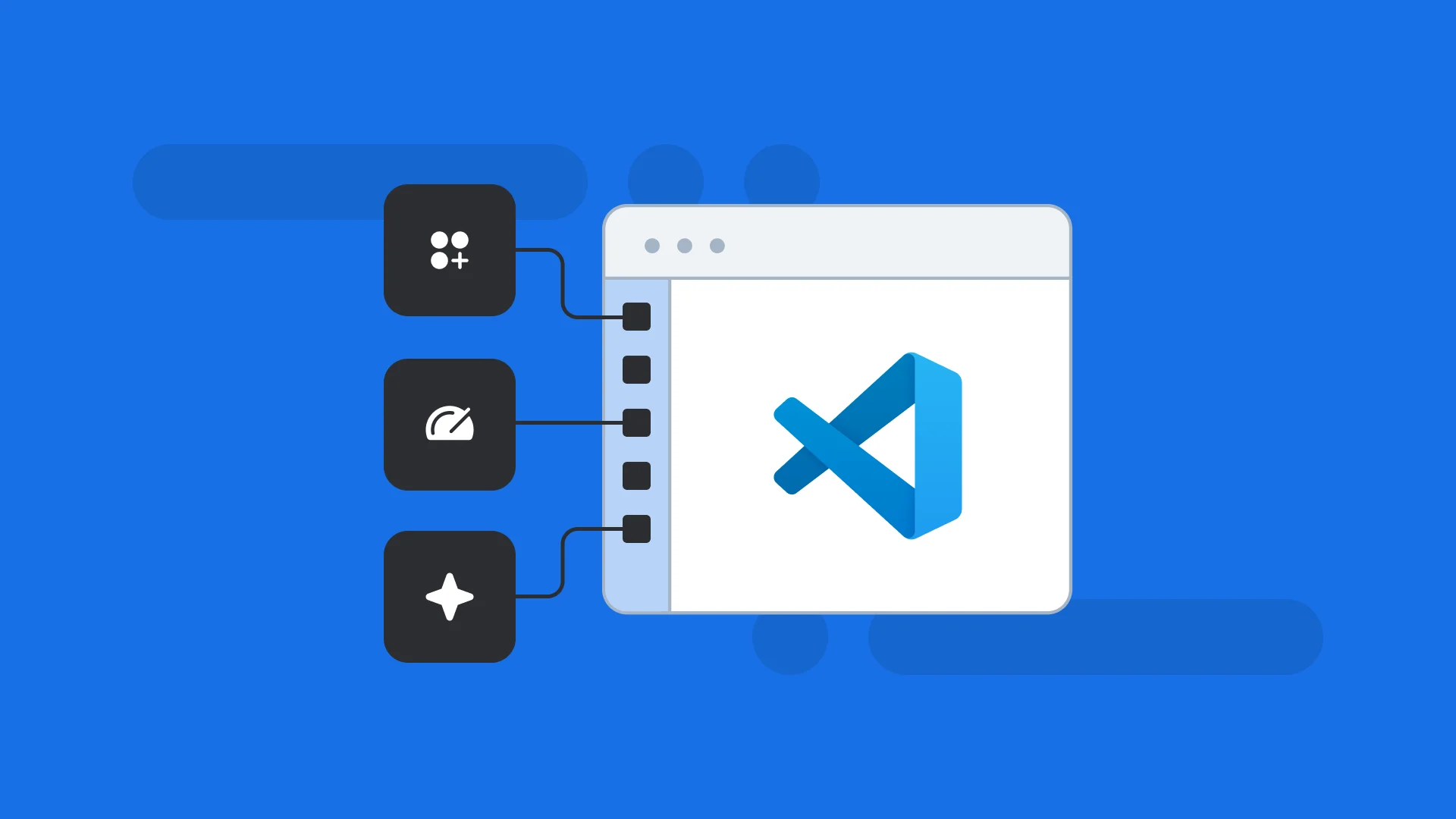 Visual Studio Code logo with three connected black modules on a blue background, showing software integration concept