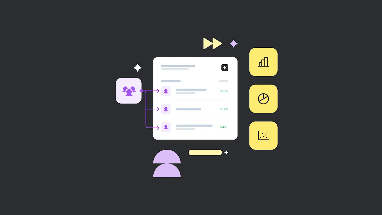 Illustration showing user analytics dashboard with purple user icons connected to white card displaying percentage metrics and yellow graph icons