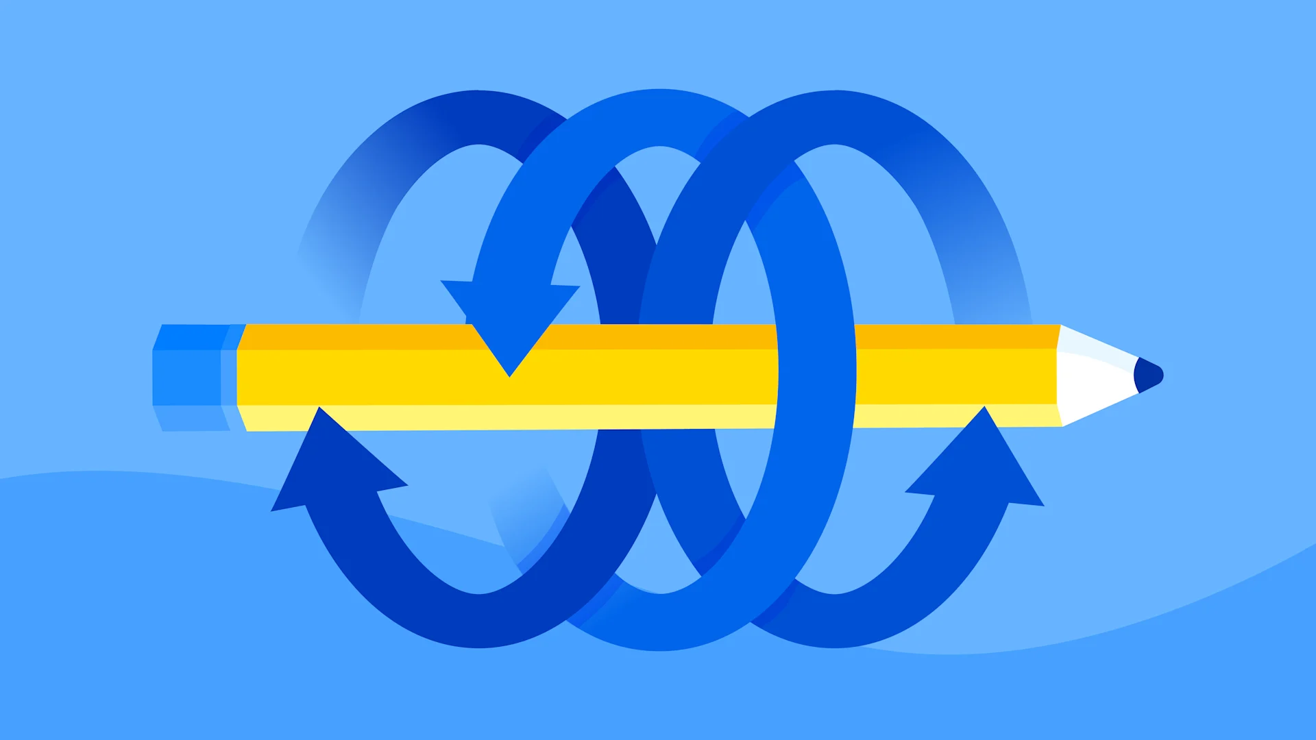 Illustration of a pencil, surrounded by recurving arrows symbolizing adaptability and creativity in the digital economy