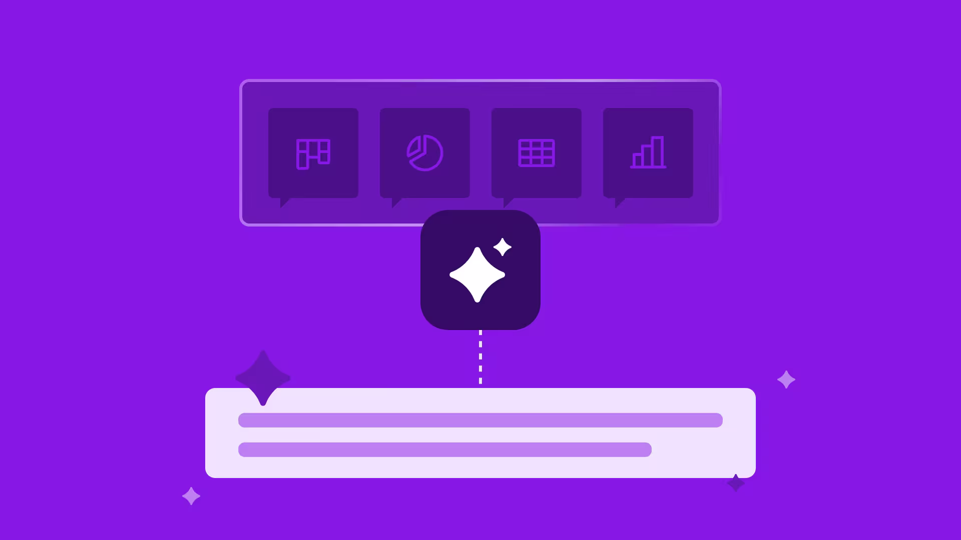 AI icon on purple background connected to four data visualization icons: kanban, pie chart, grid, and bar chart.