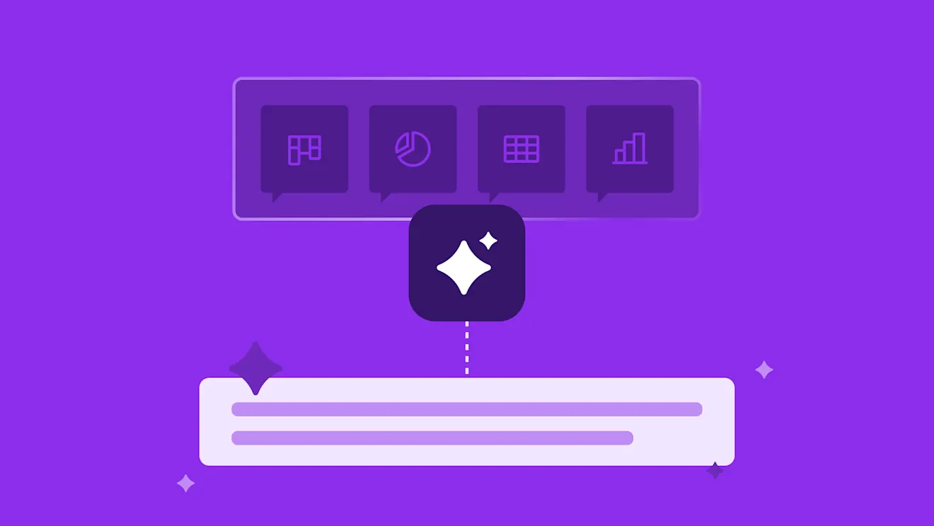 AI icon on purple background connected to four data visualization icons: kanban, pie chart, grid, and bar chart.