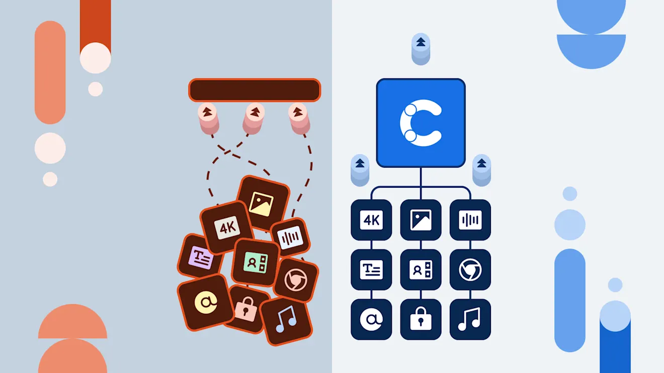 Illustration showing content management system workflow with brown tiles containing media icons being organized into a blue hierarchical grid structure with various content type symbols.