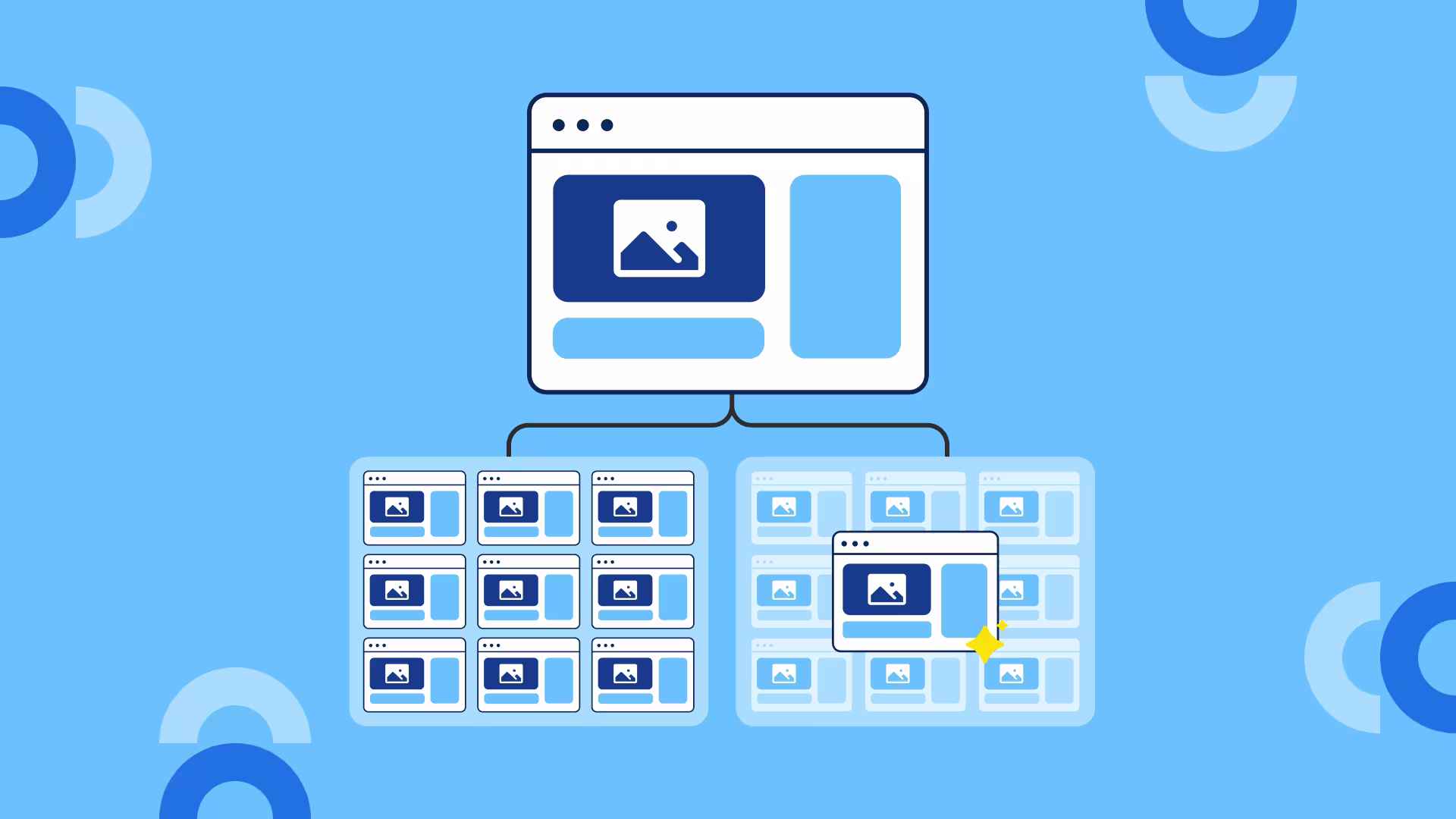 Blue illustration showing a website layout branching into two grids of web page thumbnails, representing content management or templating.