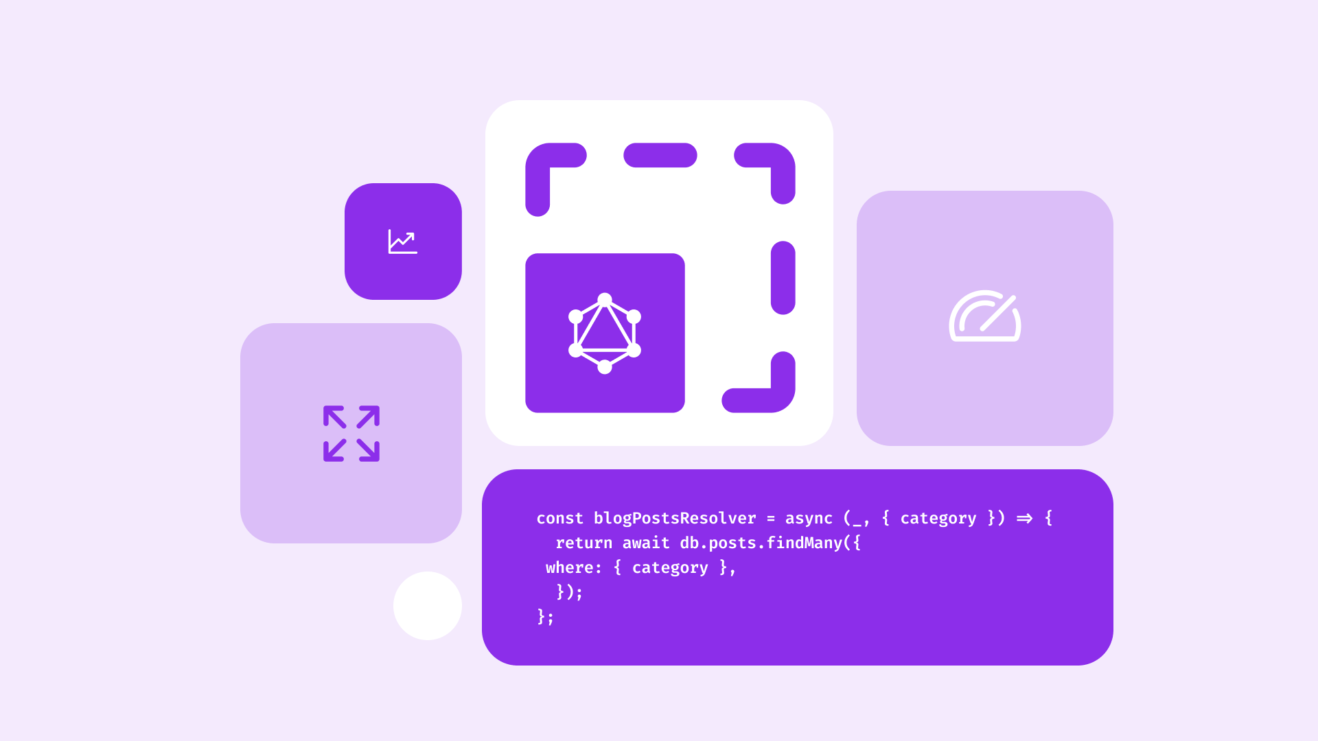 Purple and white illustration showing GraphQL code snippet with icons for analytics, API, and performance metrics