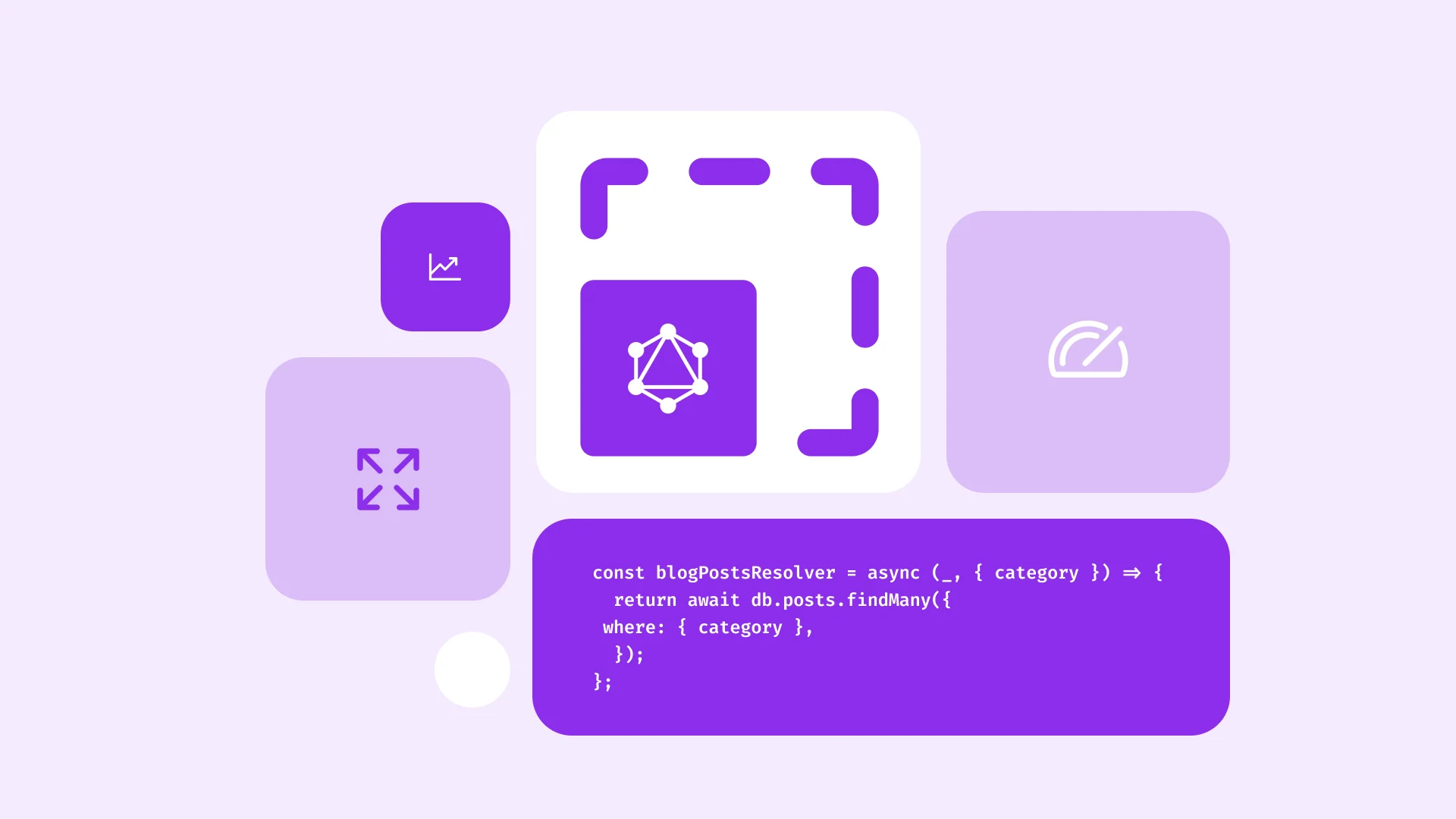 Purple and white illustration showing GraphQL code snippet with icons for analytics, API, and performance metrics