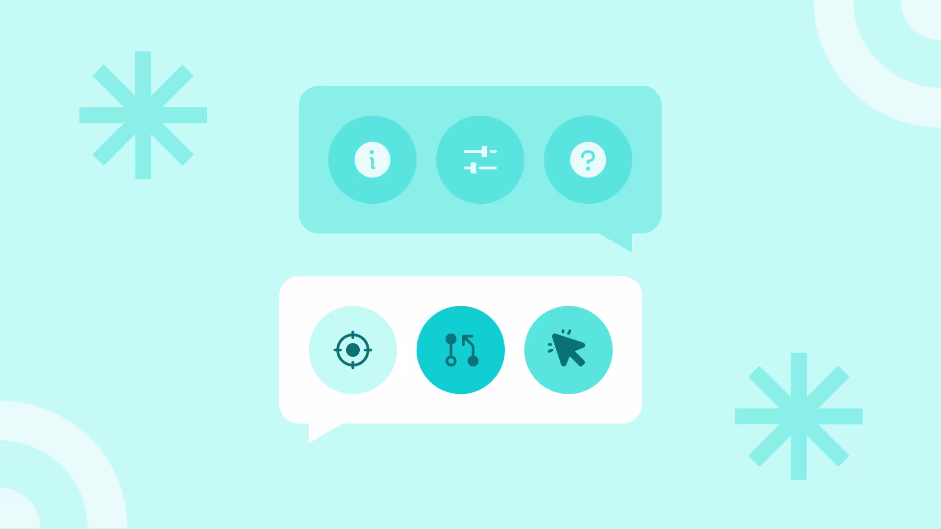Two teal speech bubbles with circular icons representing info, settings, help, targeting, branching, and cursor actions on a light blue background.