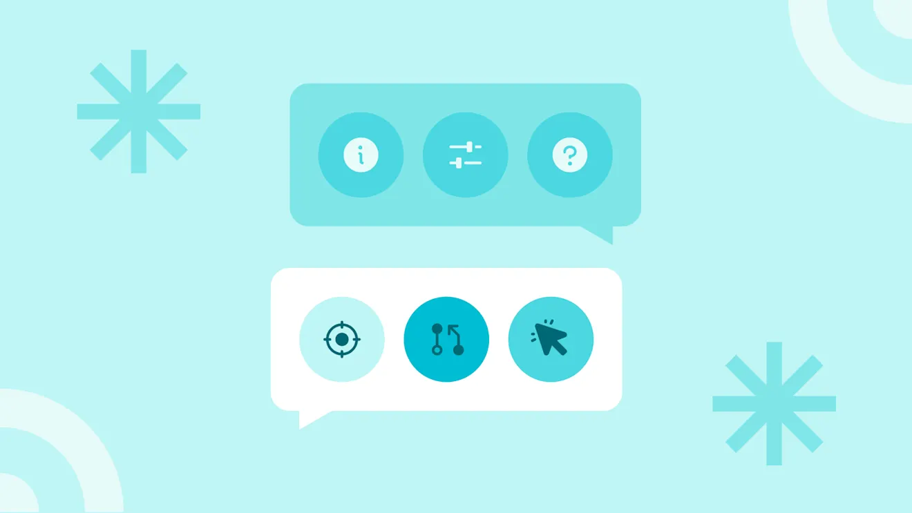 Two teal speech bubbles with circular icons representing info, settings, help, targeting, branching, and cursor actions on a light blue background.