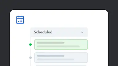 Illustration of a scheduling interface with a blue calendar icon and timeline showing scheduled items in green and gray blocks