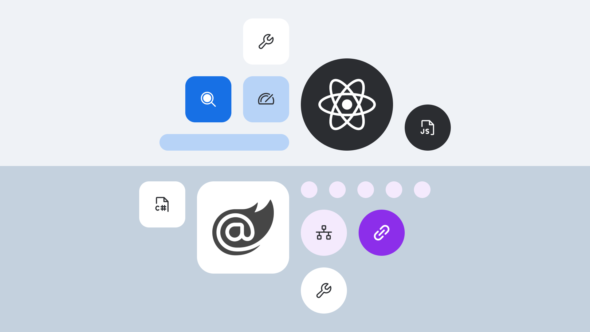 Collection of programming and development icons including React, JavaScript, C#, and various tools in blue, black, and purple colors