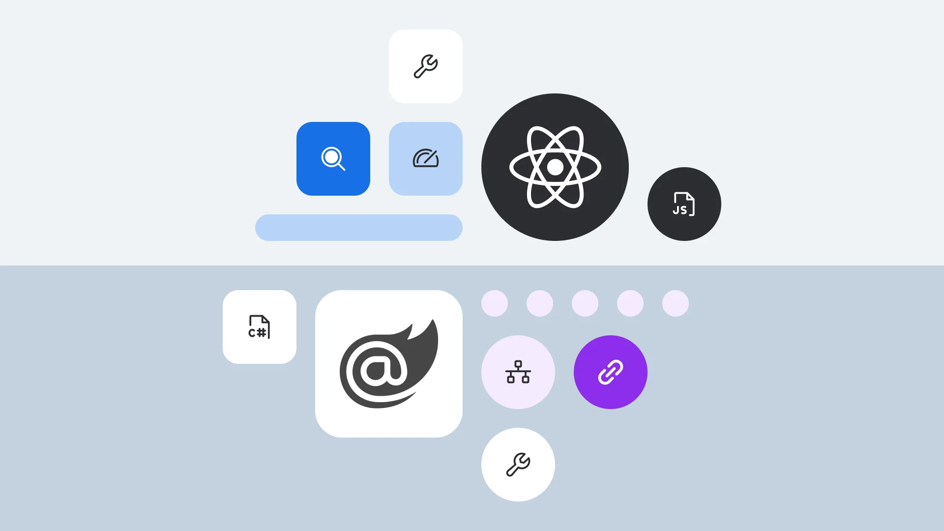 Collection of programming and development icons including React, JavaScript, C#, and various tools in blue, black, and purple colors