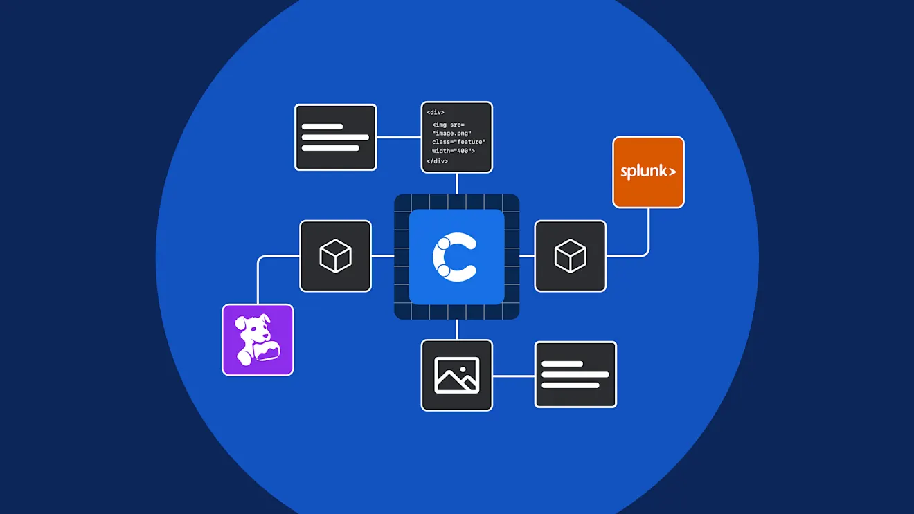 A blue diagram showing a central content hub connected to icons for code, images, text, and integrations.