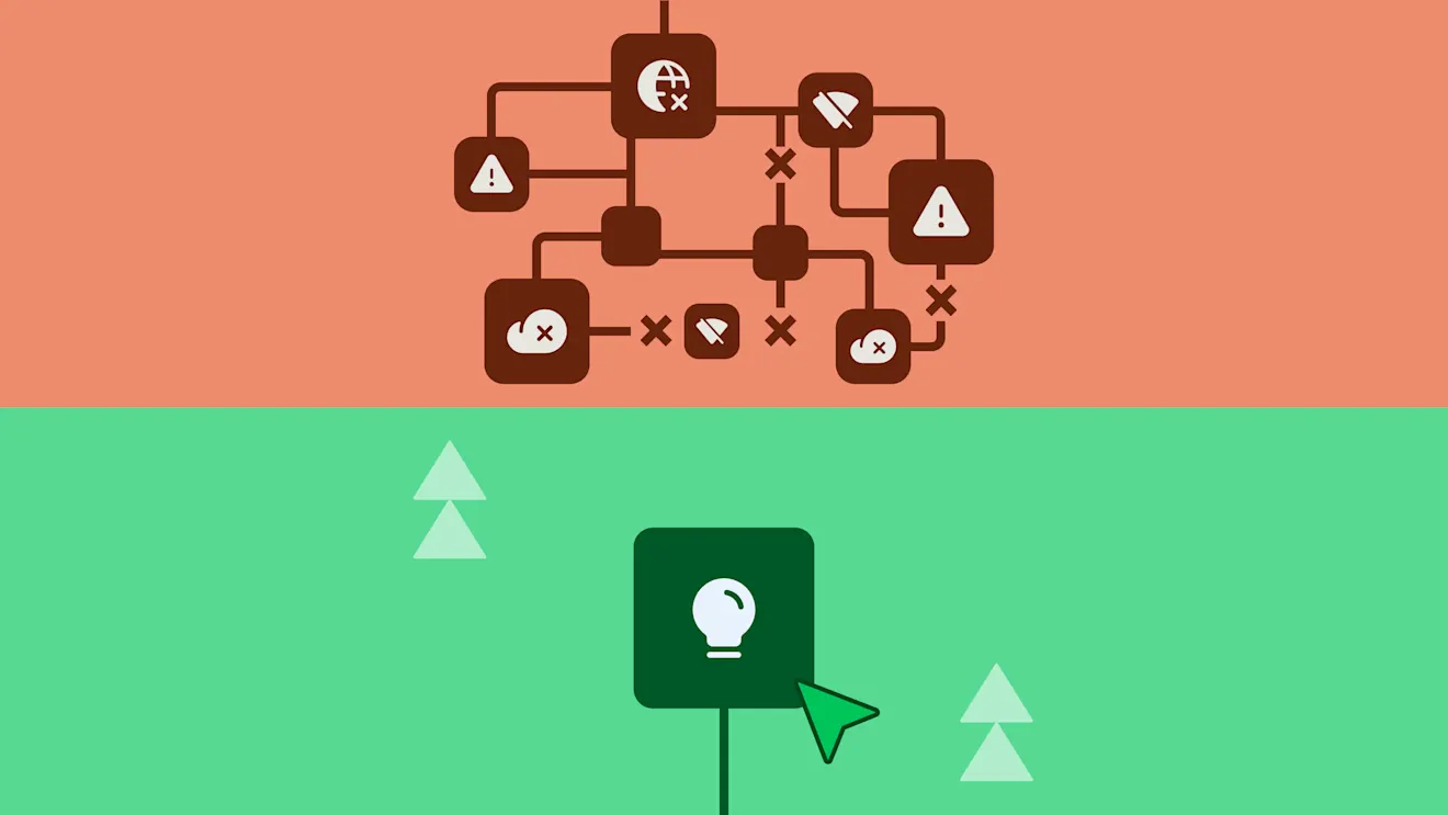 Abstract illustration showing a green tree-like structure at bottom with brown connected nodes floating above on coral background