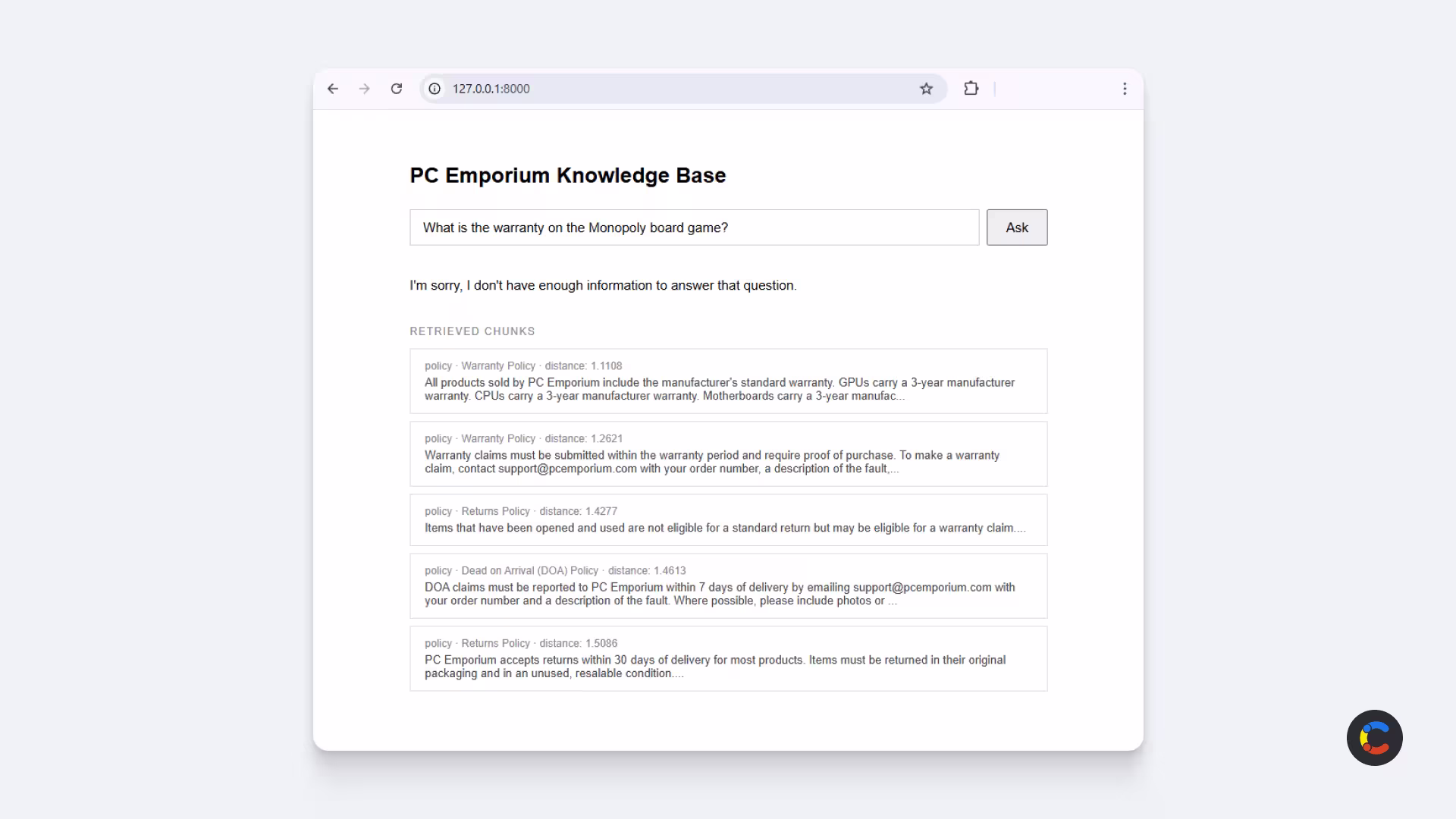 RAG web app response