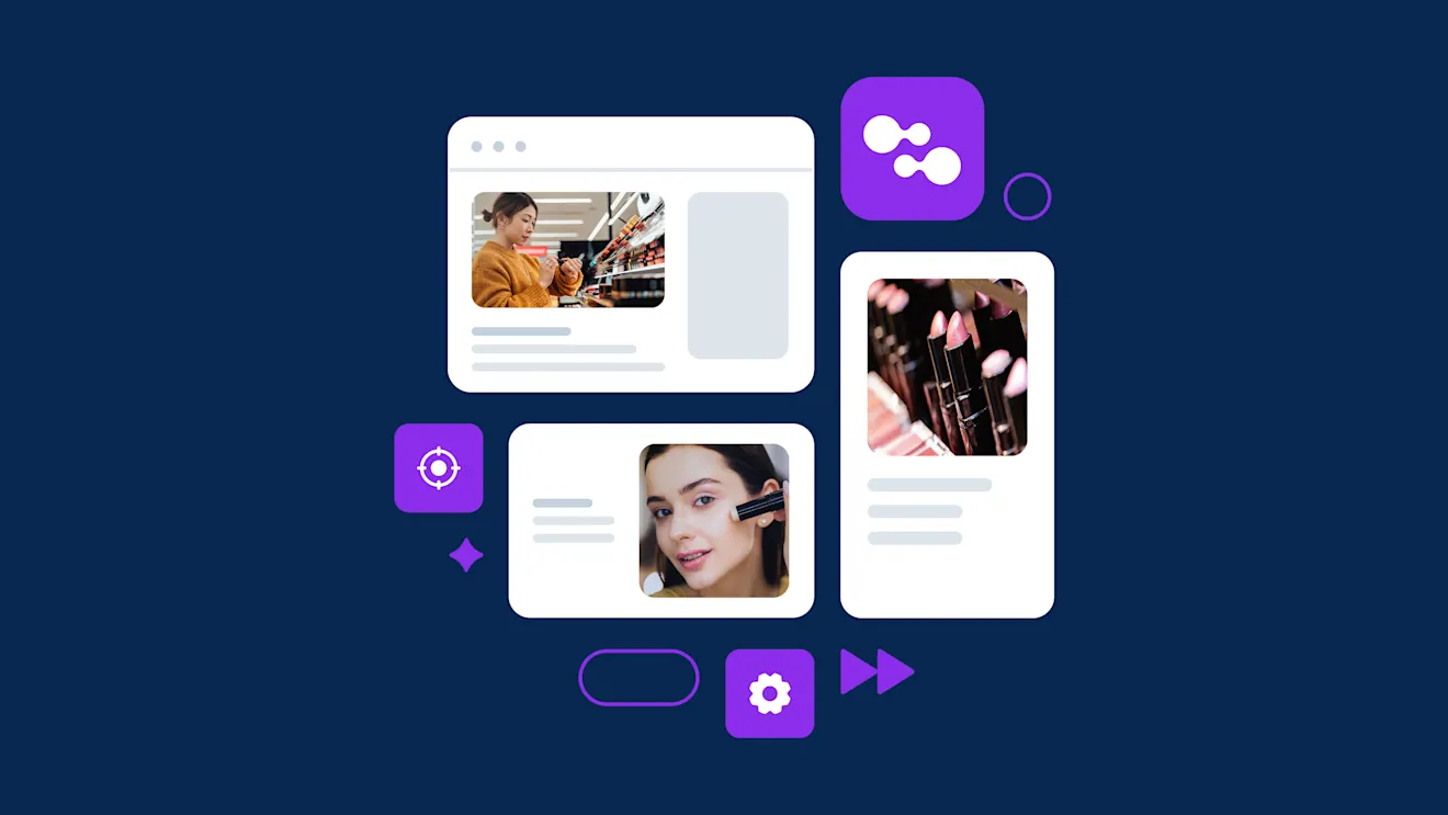 Social media interface mockup showing content cards and purple app icons on a dark blue background