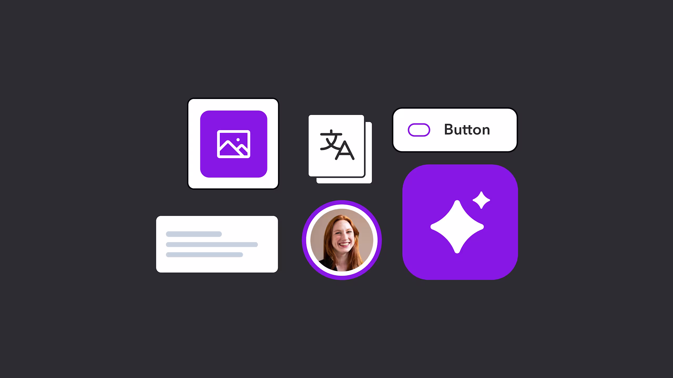 Collection of white and purple UI elements including image icon, translation symbol, button, text card, and profile picture on dark background