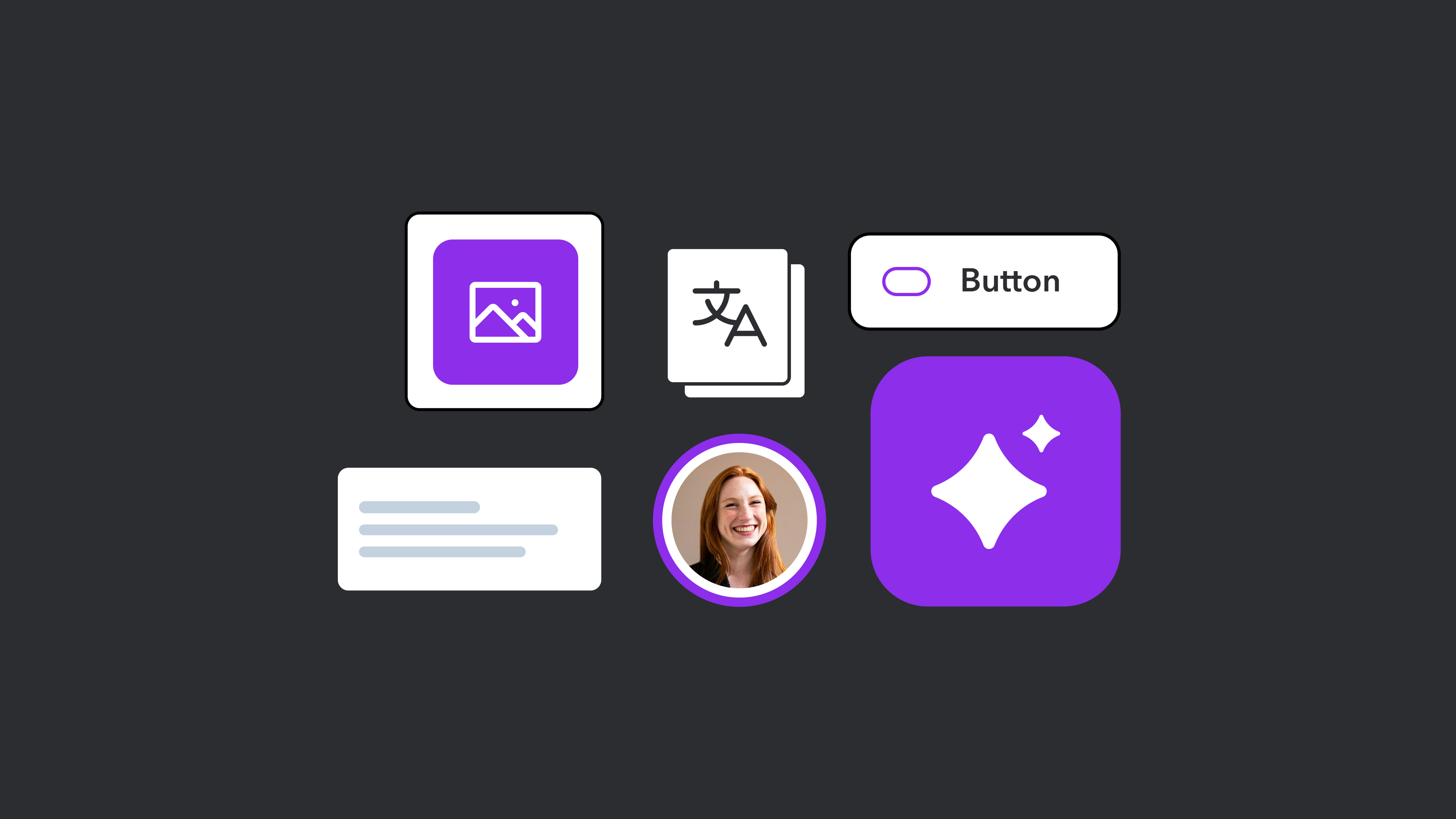 Collection of white and purple UI elements including image icon, translation symbol, button, text card, and profile picture on dark background