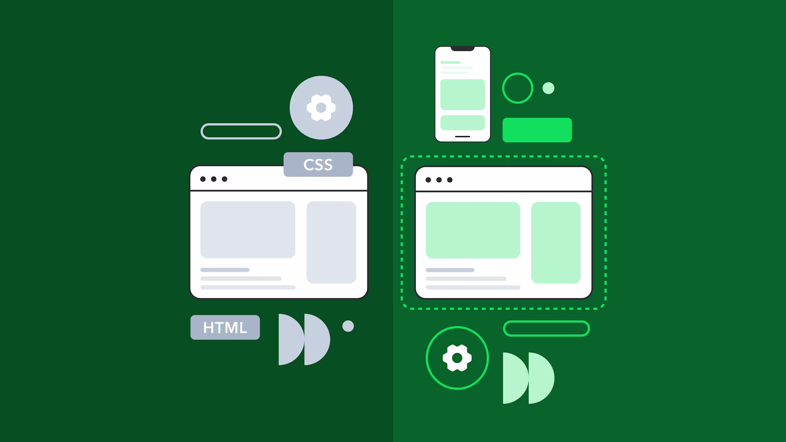 Illustration showing web development concept with HTML and CSS labels, browser windows, and gear icons on dark green background
