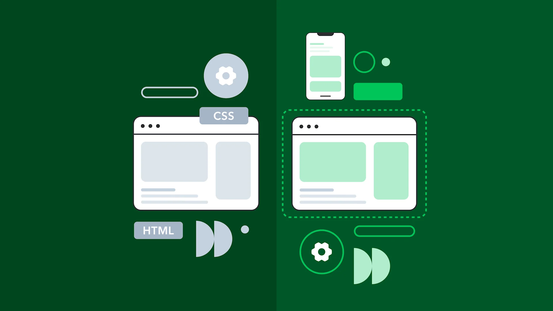 Illustration showing web development concept with HTML and CSS labels, browser windows, and gear icons on dark green background