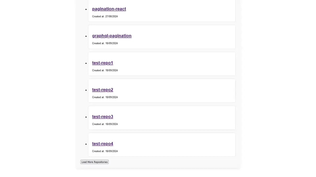 Screen capture of a React website listing GitHub repositories using cursor-based pagination