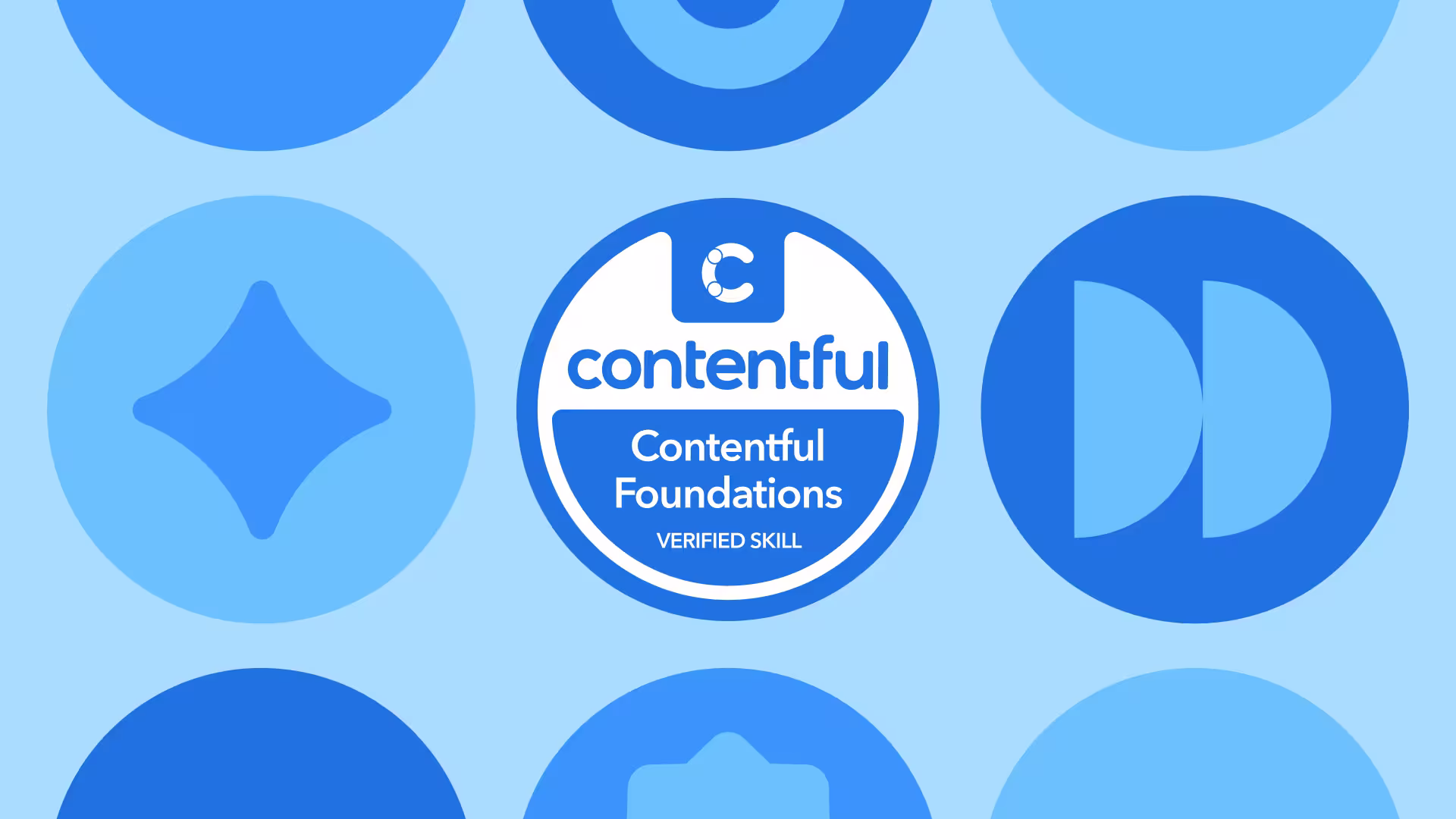 Contentful Foundations Verified Skill badge on a light blue background with blue geometric shapes and circles.