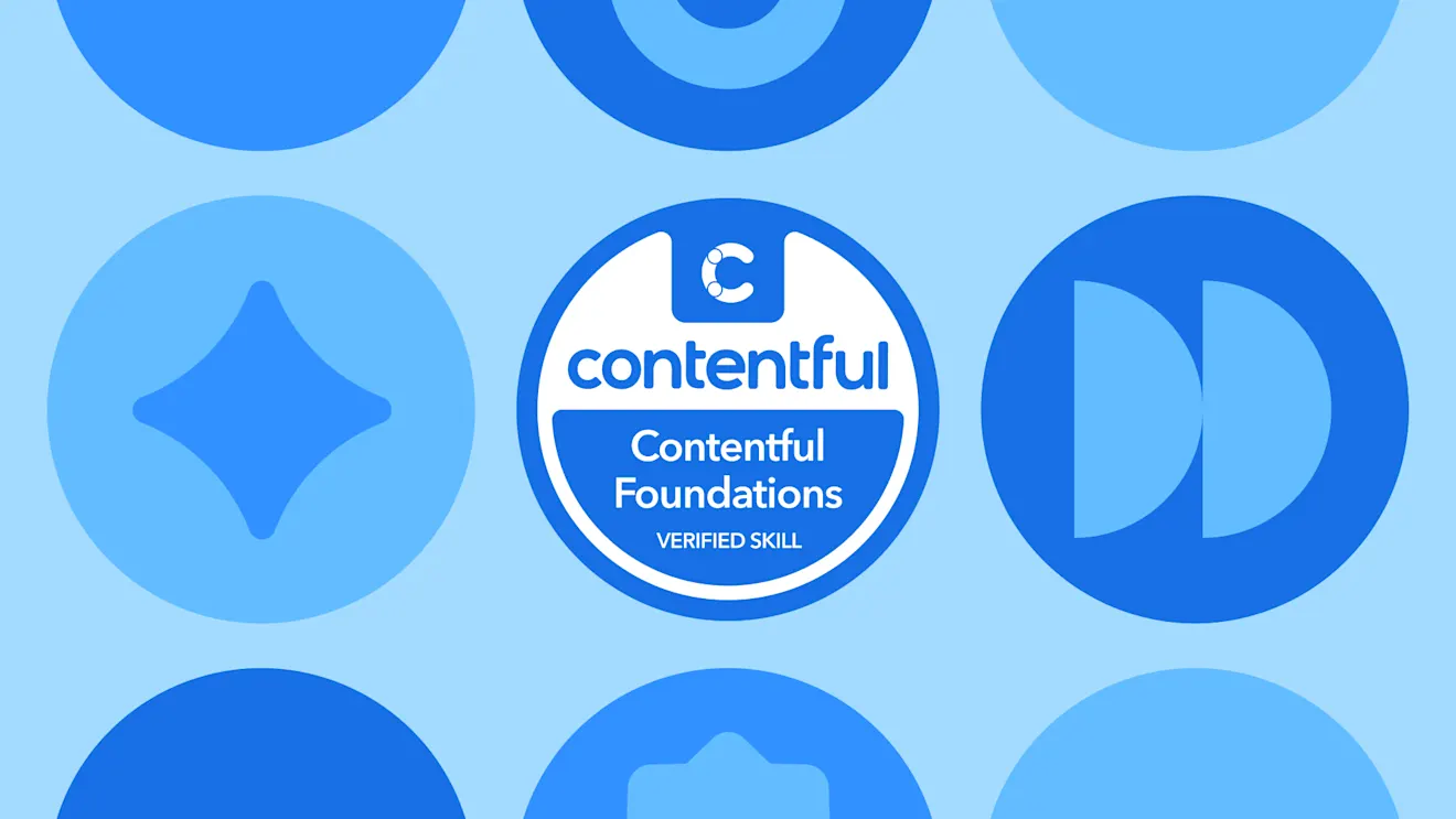Contentful Foundations Verified Skill badge on a light blue background with blue geometric shapes and circles.