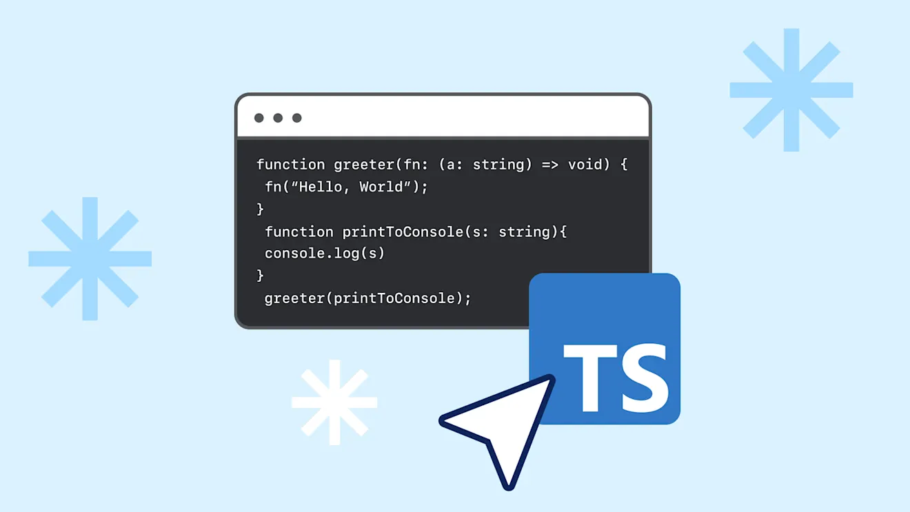 TypeScript logo beside a code editor window showing a greeter function example, on a light blue background with snowflakes.