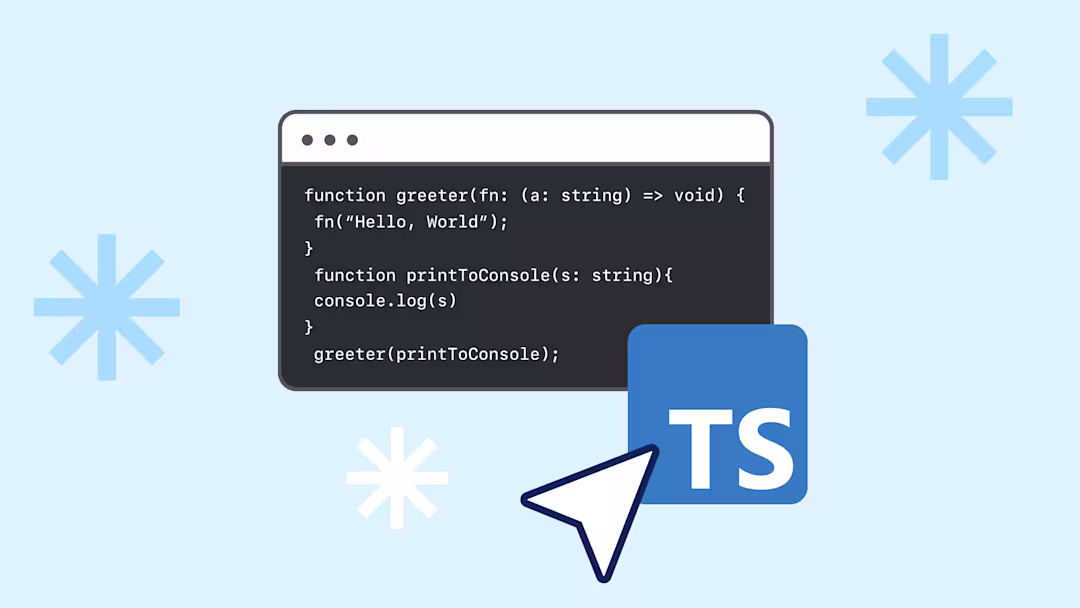 TypeScript logo beside a code editor window showing a greeter function example, on a light blue background with snowflakes.