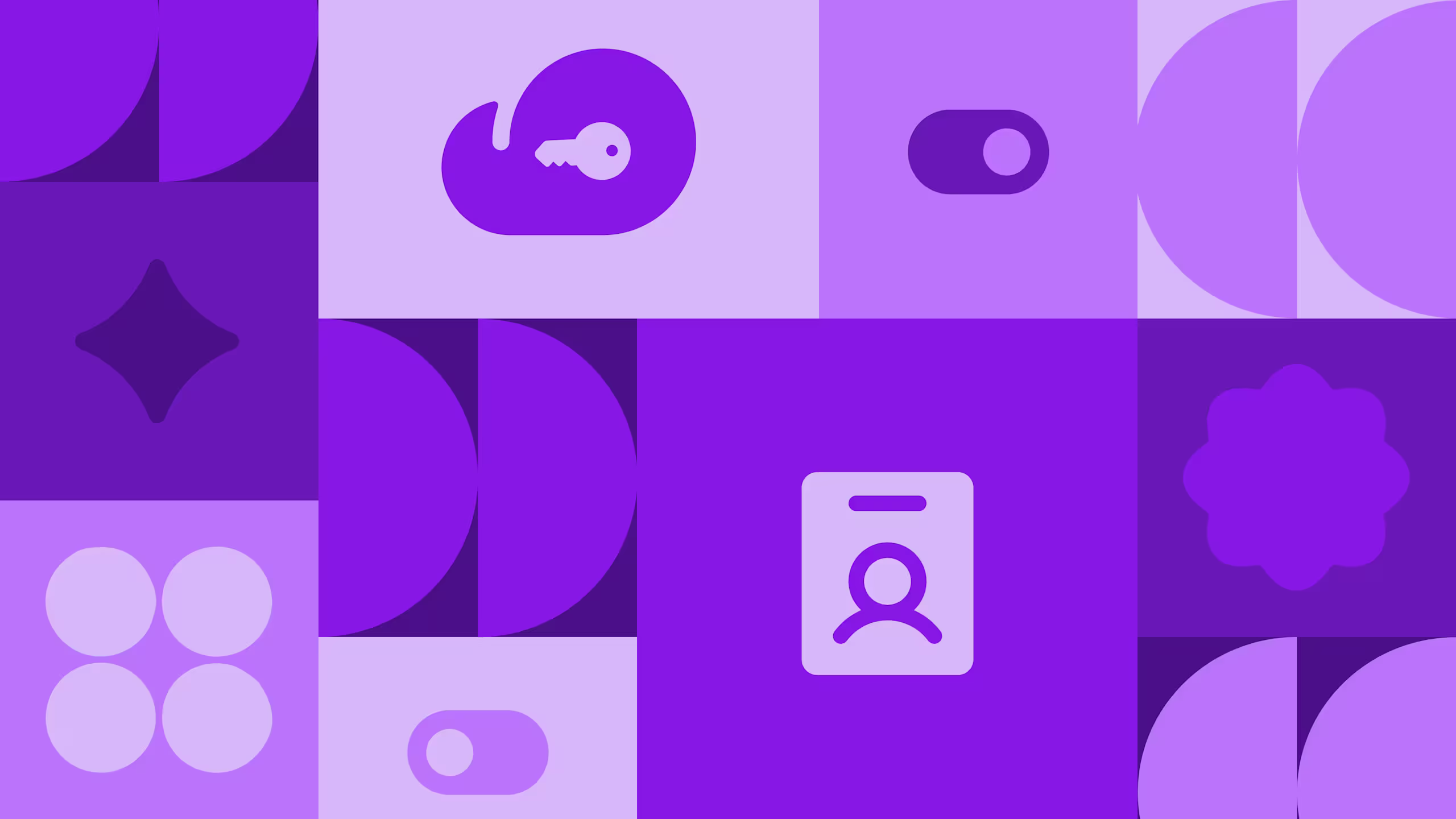 Purple and lavender grid layout featuring abstract shapes, toggle switches, key icon, user profile card, and geometric patterns.