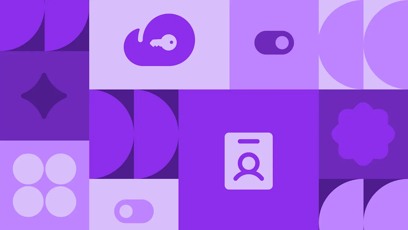 Purple and lavender grid layout featuring abstract shapes, toggle switches, key icon, user profile card, and geometric patterns.