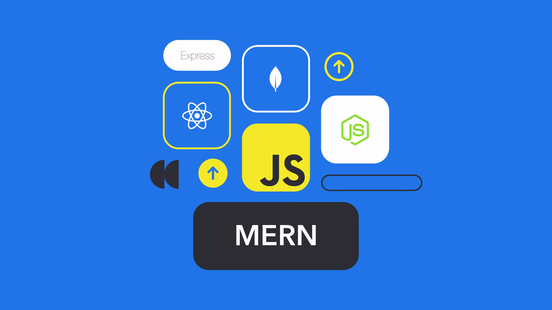 Icons representing MERN stack technologies including MongoDB, Express, React, and Node.js on a bright blue background