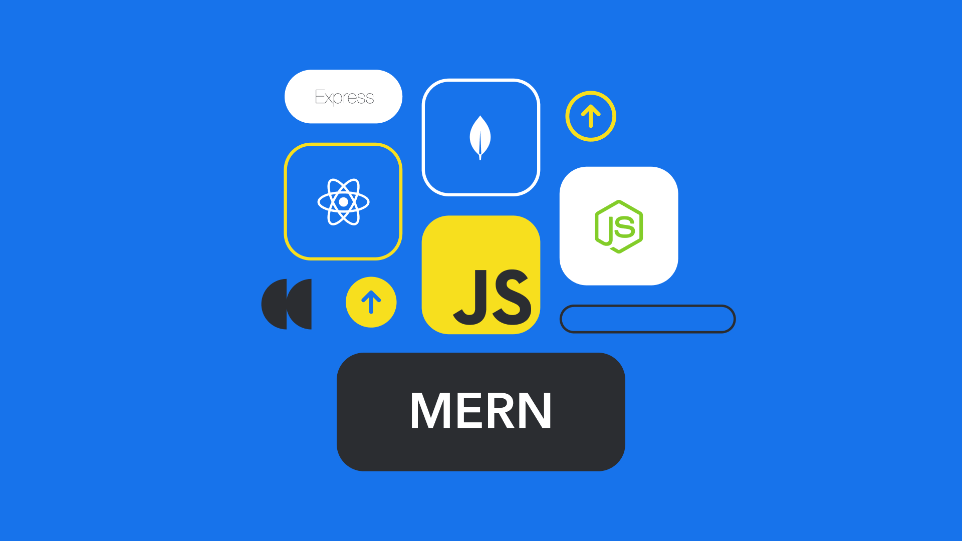 Icons representing MERN stack technologies including MongoDB, Express, React, and Node.js on a bright blue background
