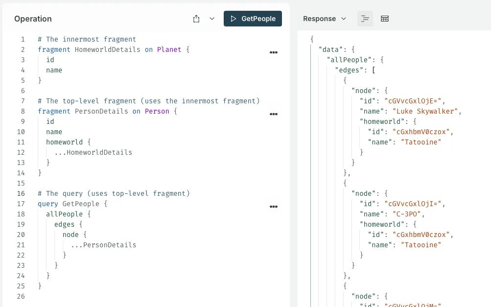 Querying Star Wars characters using nested GraphQL fragments