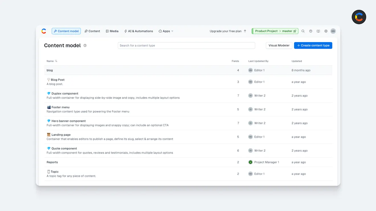 Screenshot of content model editor