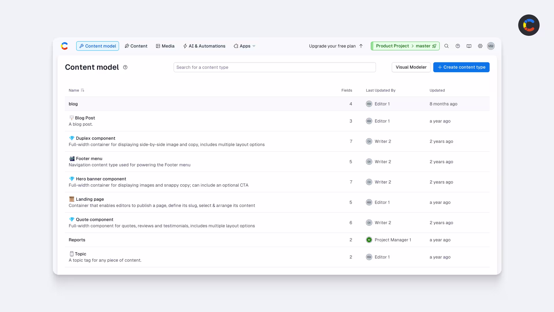 Screenshot of content model editor